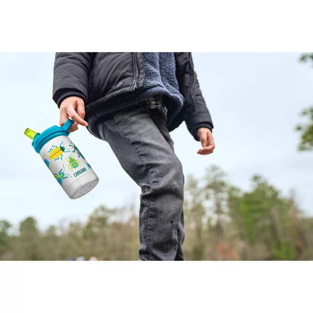 CamelBak Eddy kids water bottle, 350 ml vacuum-insulated stainless steel with blue cap and bugs design
