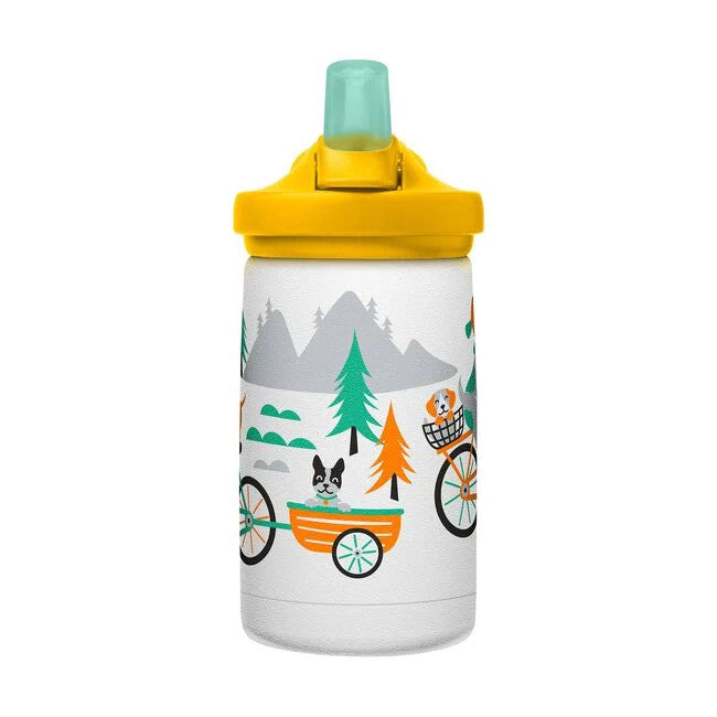 CamelBak Eddy Kids Water Bottle 350 ml stainless steel with yellow cap featuring dogs on bikes in a mountain scene
