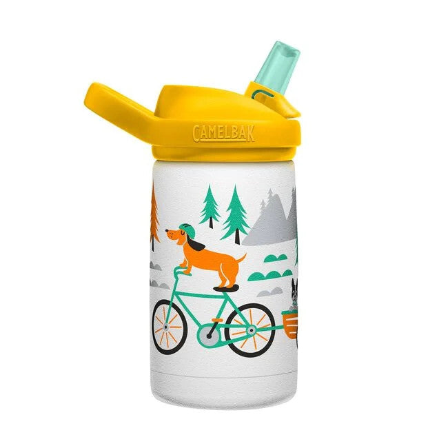 CamelBak Eddy Kids Water Bottle 350 ml; white stainless steel with yellow lid and dog on bike artwork