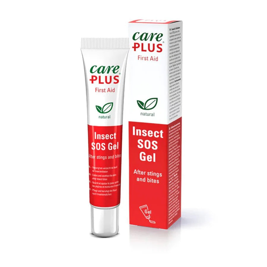Care Plus Insect SOS Gel tube and box, white with red label and green leaf logo