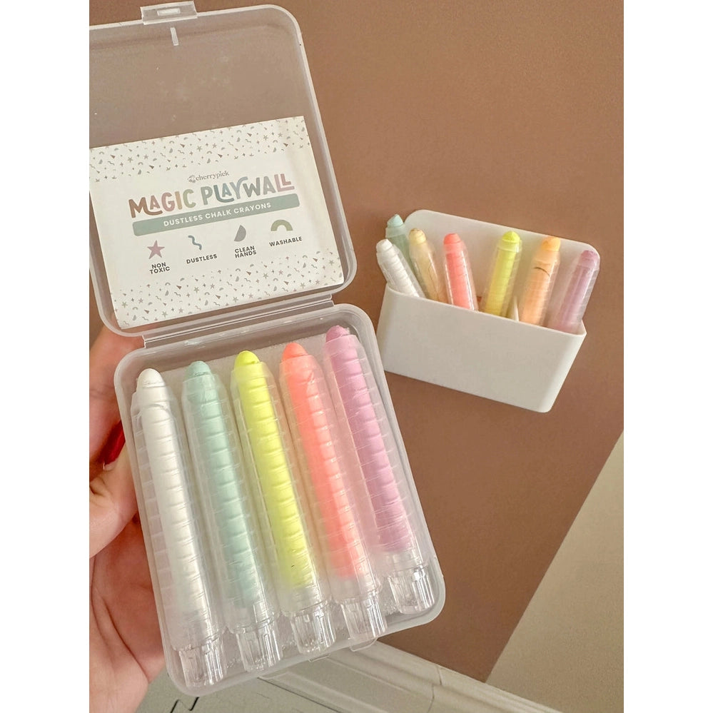 Cherrypick Dustless Chalk Crayons + Magnetic Holder Bundle for Magic Playwall in Pastel Assorted