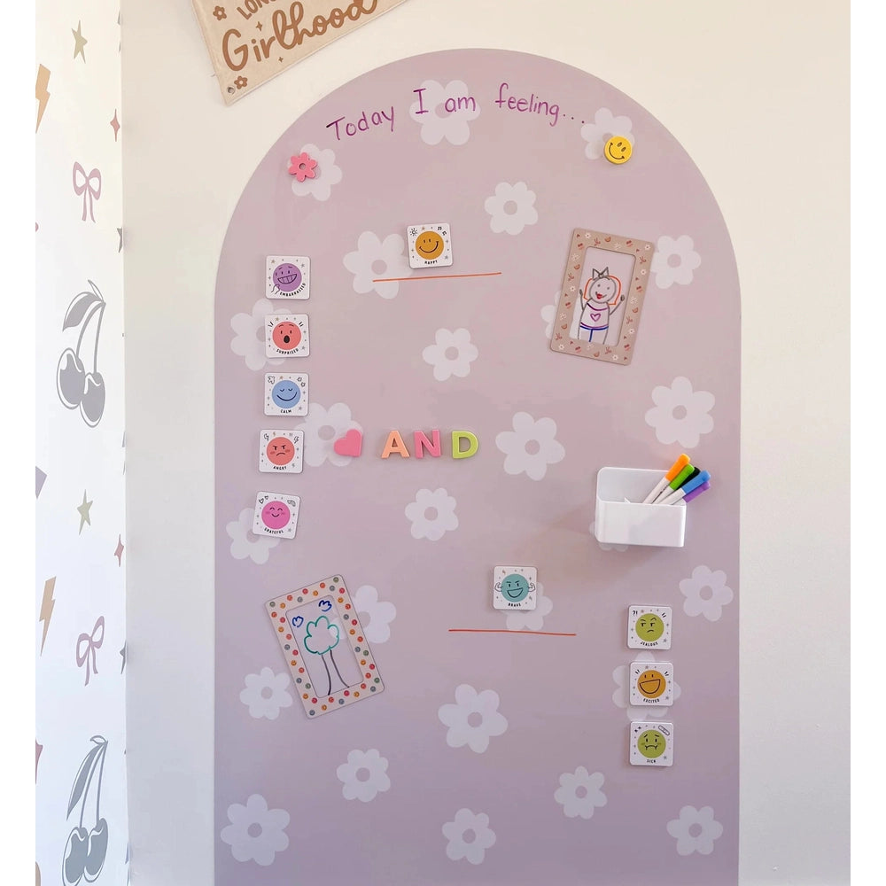 Cherrypick Emotions Magnets Soft Foam Magnets in Lavender board with flower pattern and emoji magnets