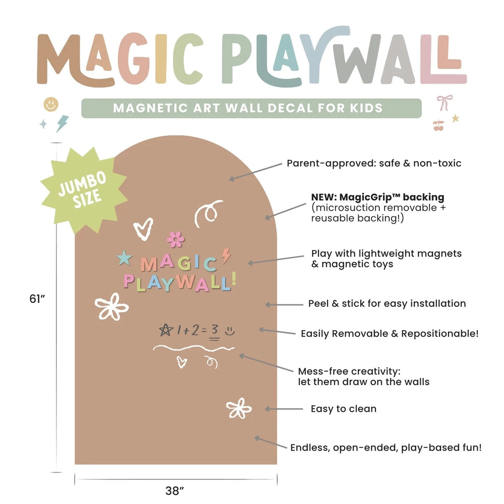 Cherrypick Jumbo Magic Playwall Arch Magnetic Wall Decal in brown arch with pastel rainbow letters and white doodles.