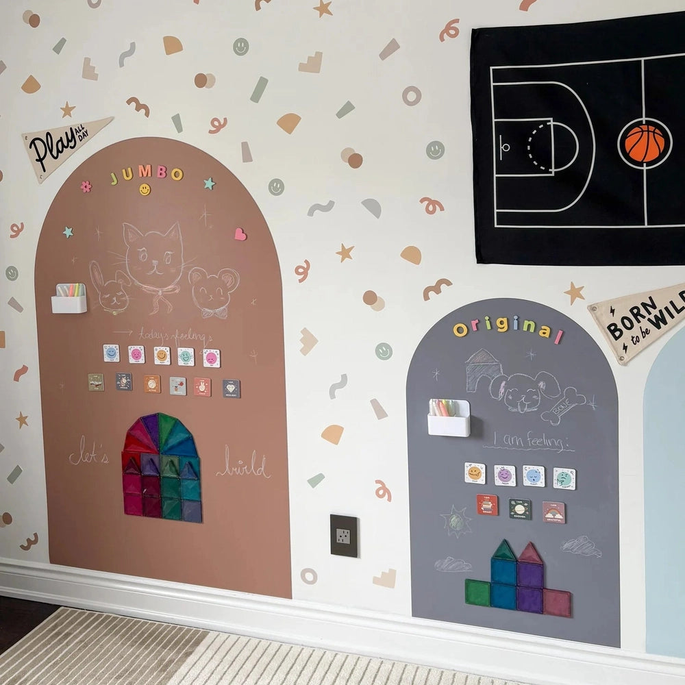 Cherrypick Jumbo Magic Playwall Arch Magnetic Wall Decal for Kids in Brown, Gray, and Blue with chalkboard panels