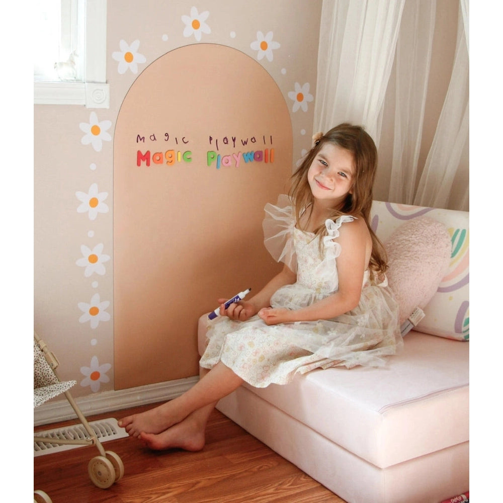 Cherrypick Magic Playwall Arch Magnetic Wall Decal in peach arch with white daisies and colorful letters
