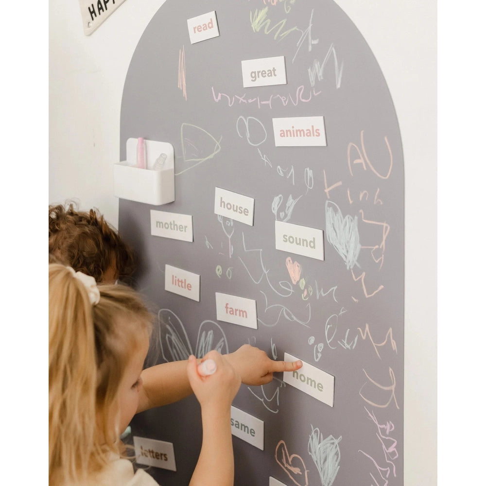 Cherrypick Sight Word Magnets For Early Reading & Literacy Magnetic Word Tiles in White on Grey Chalkboard
