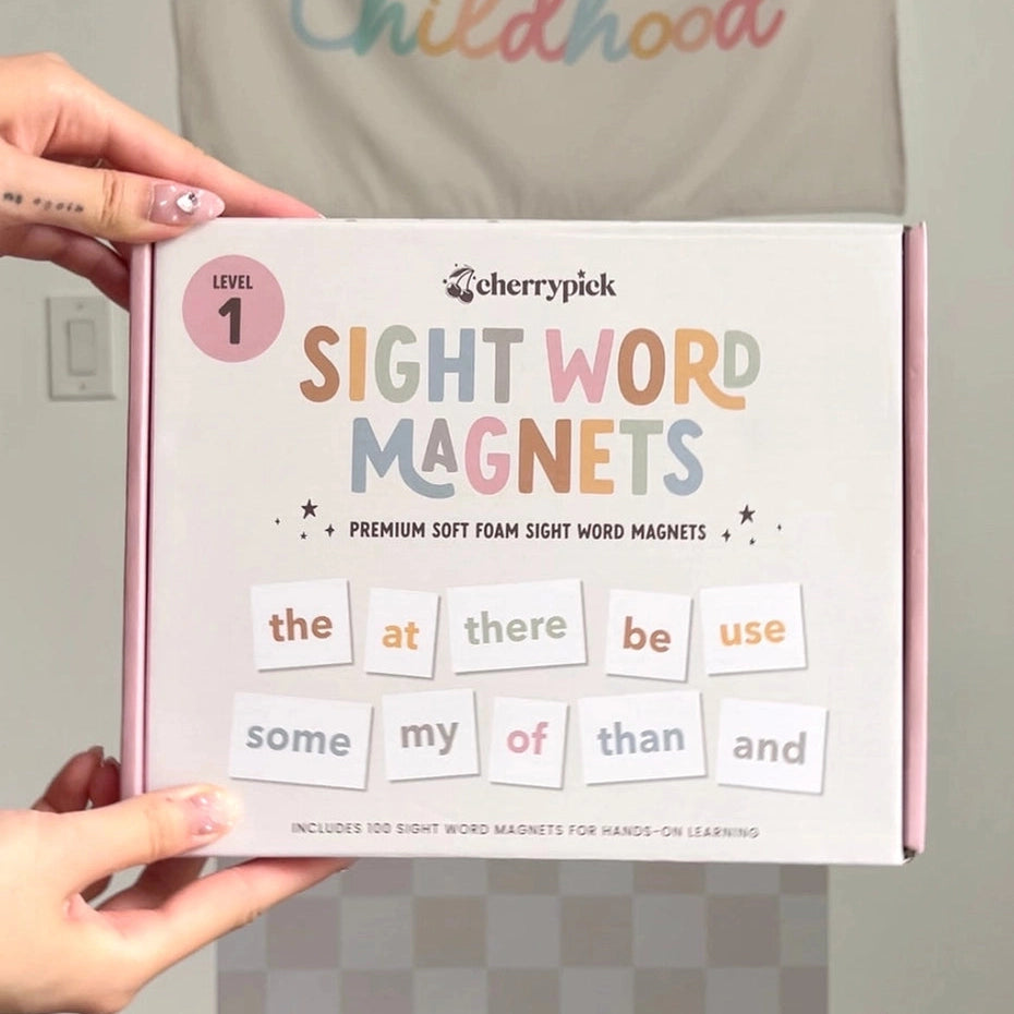 Cherrypick Sight Word Magnets in White box with pink edges Level 1, showing pastel word magnets.