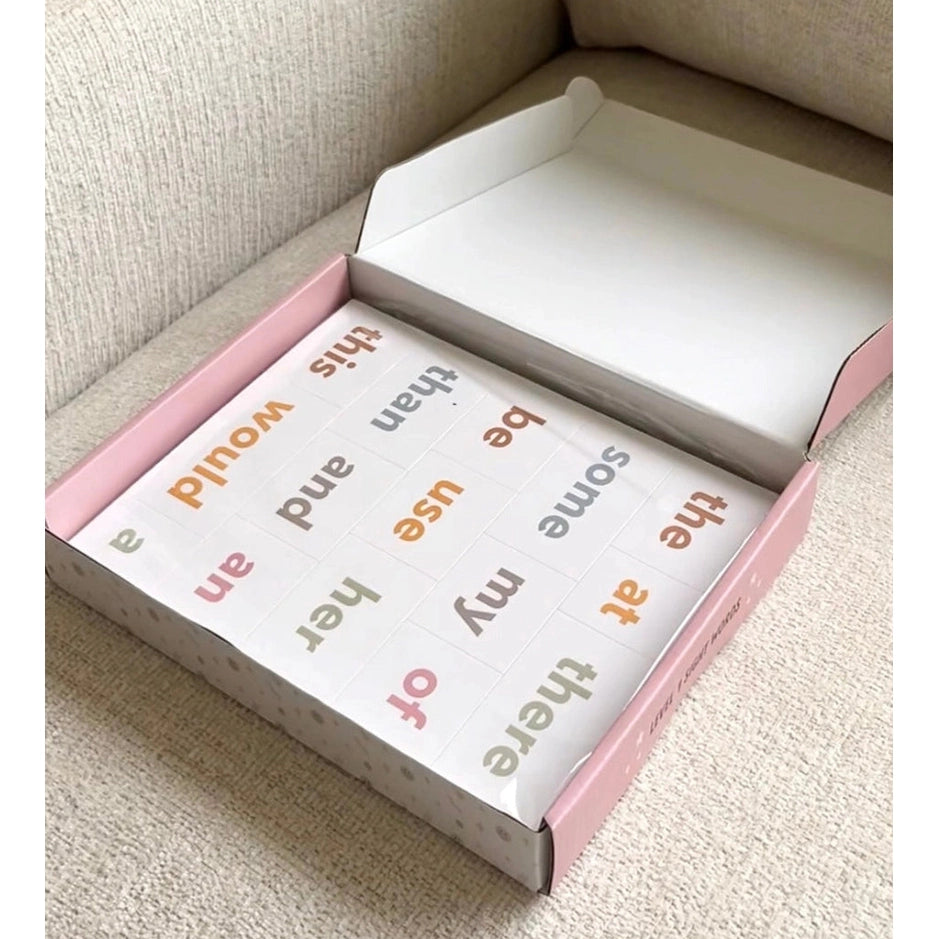 Cherrypick Sight Word Magnets in Pink Box with white cards featuring pastel-colored sight words arranged in a grid