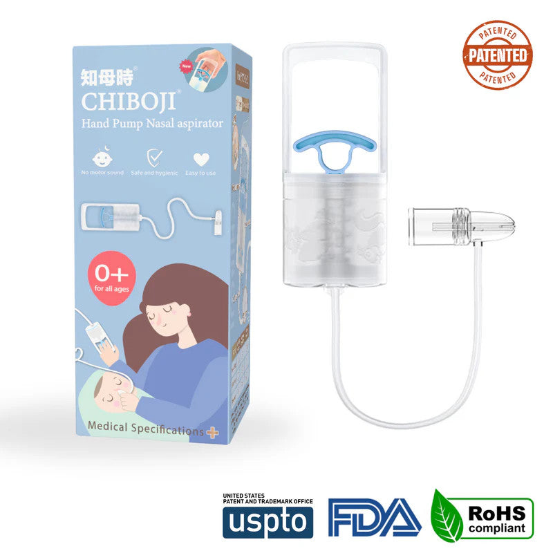 Chiboji nasal aspirator handheld unit with blue handle, clear chamber and attached tubing, boxed set