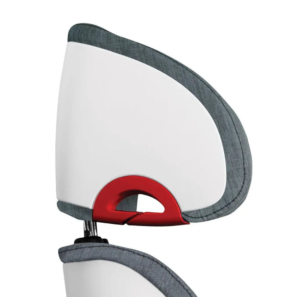 Clek Boost Seat Oobr booster in white shell with gray denim trim, red lever shows quick adjust action.
