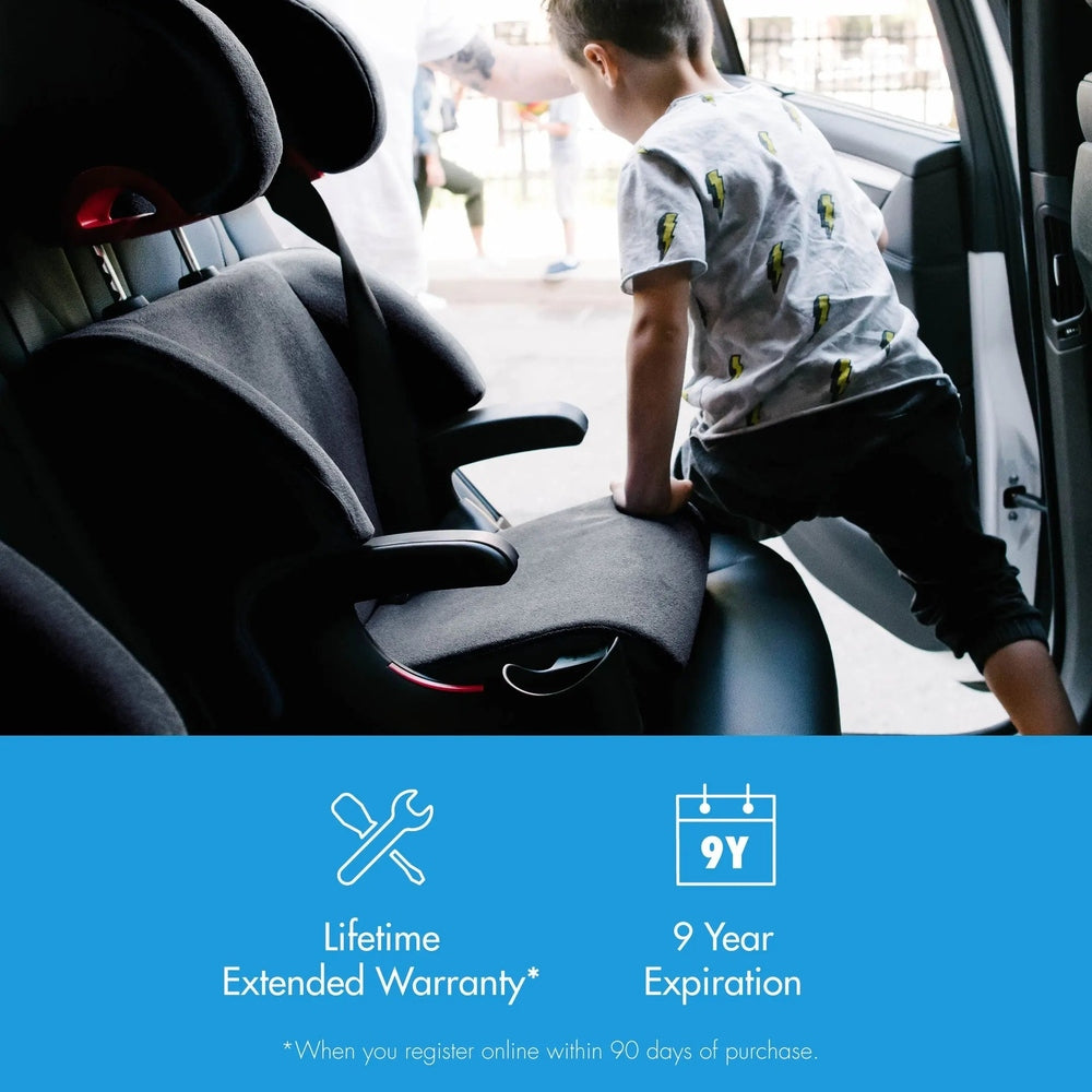 Clek Boost Seat Oobr booster in a car; child climbs onto the seat, CLEK emblem visible.