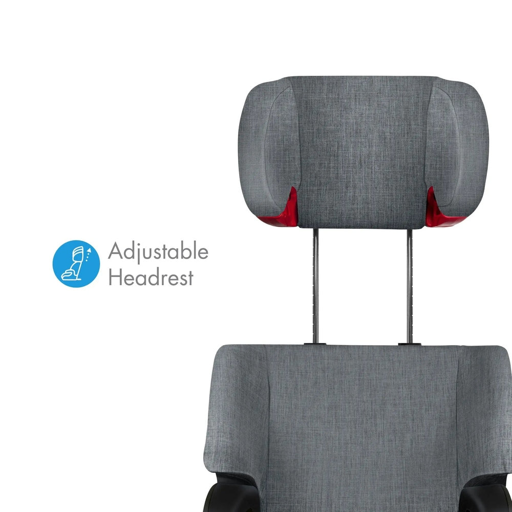 Clek Boost Seat Oobr booster in grey fabric with adjustable headrest, shown with raised headrest on metal rails.
