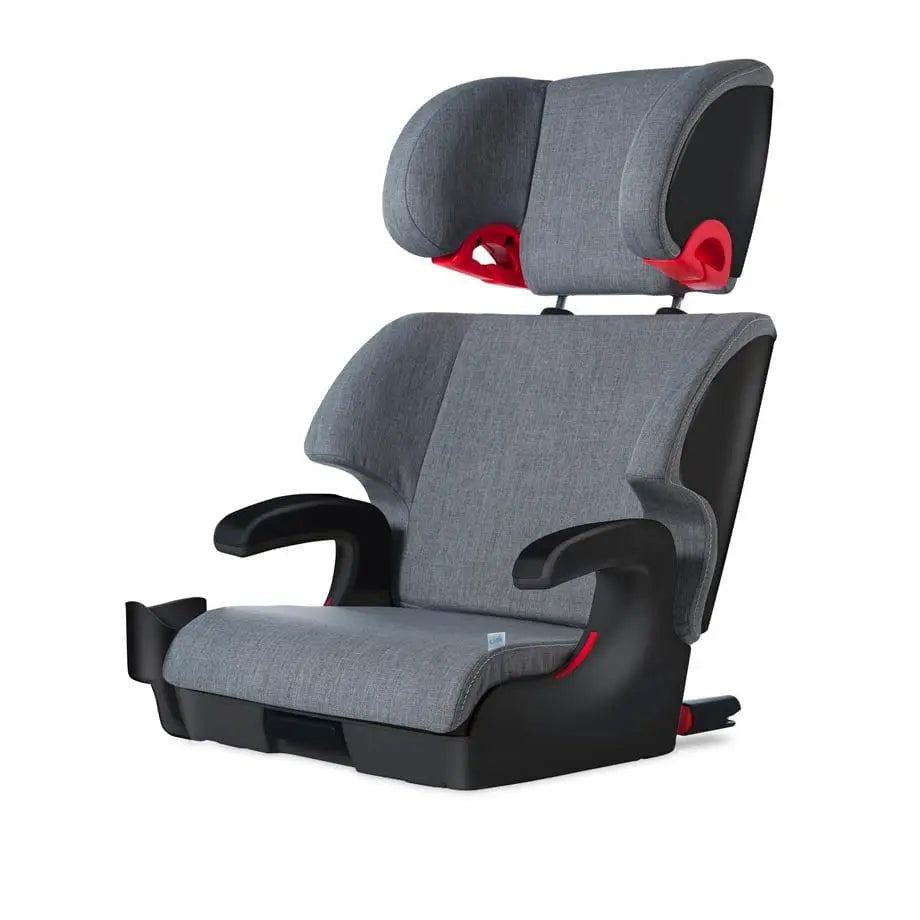 Clek Boost Seat Oobr booster car seat in gray fabric with red belt guides and padded armrests.