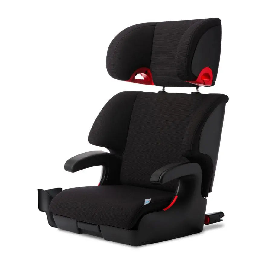 Clek Boost Seat Oobr booster seat in black fabric with raised headrest and armrests, red accents