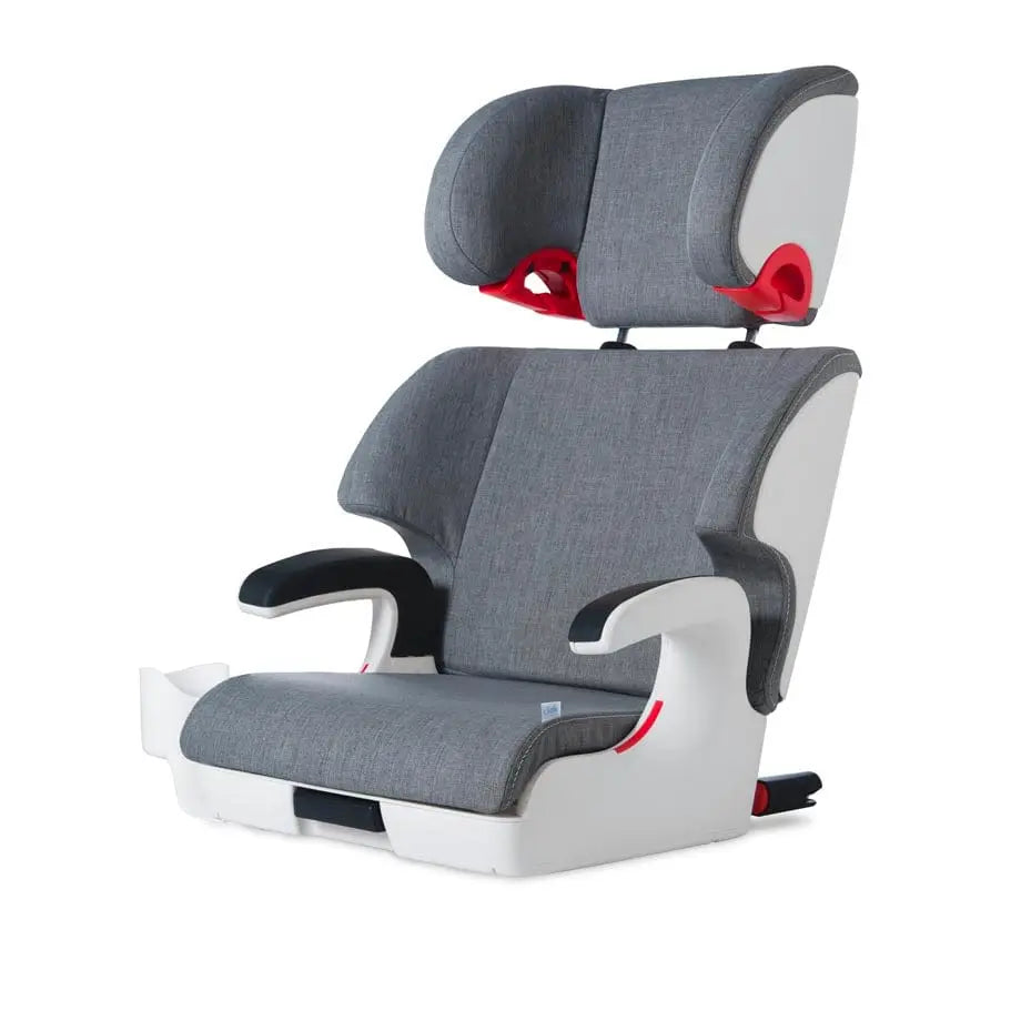 Clek Boost Seat Oobr booster car seat in gray fabric with padded headrest; belt guides visible show easy seat belt routing.