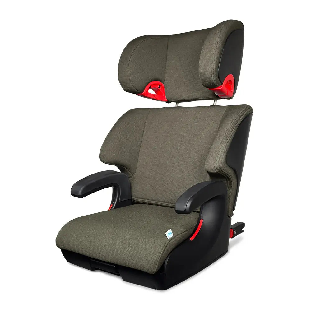 Clek Boost Seat Oobr booster car seat in olive fabric with red adjustment levers and black base.