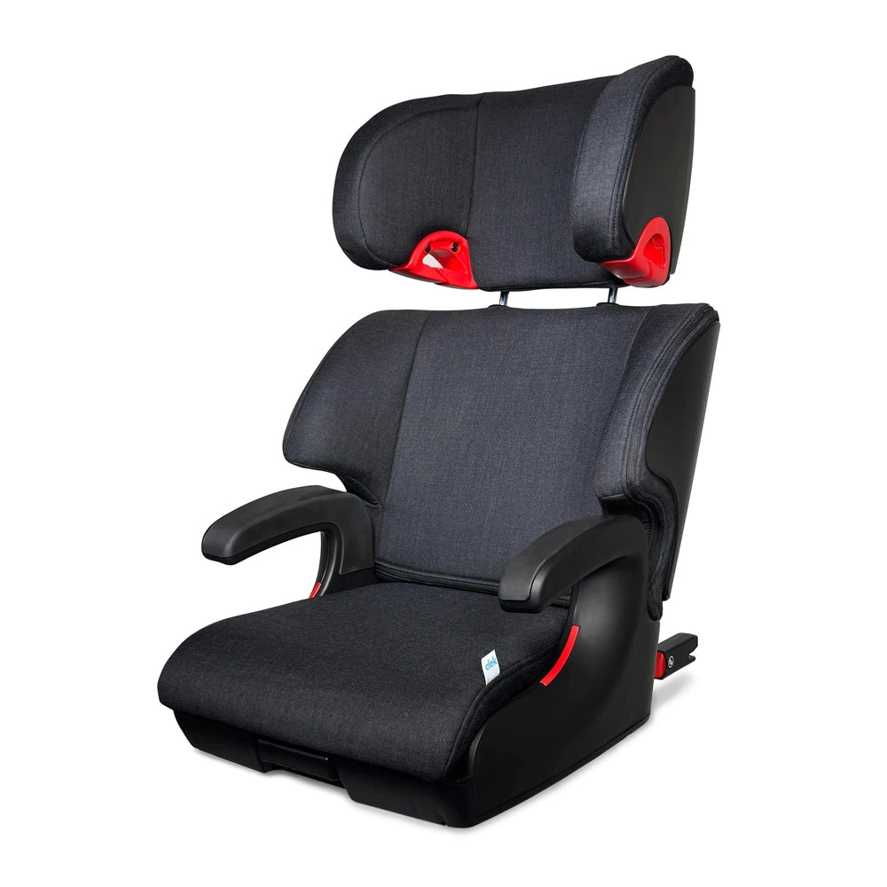 Clek Boost Seat Oobr Booster Seat in Charcoal with red accents, front view.