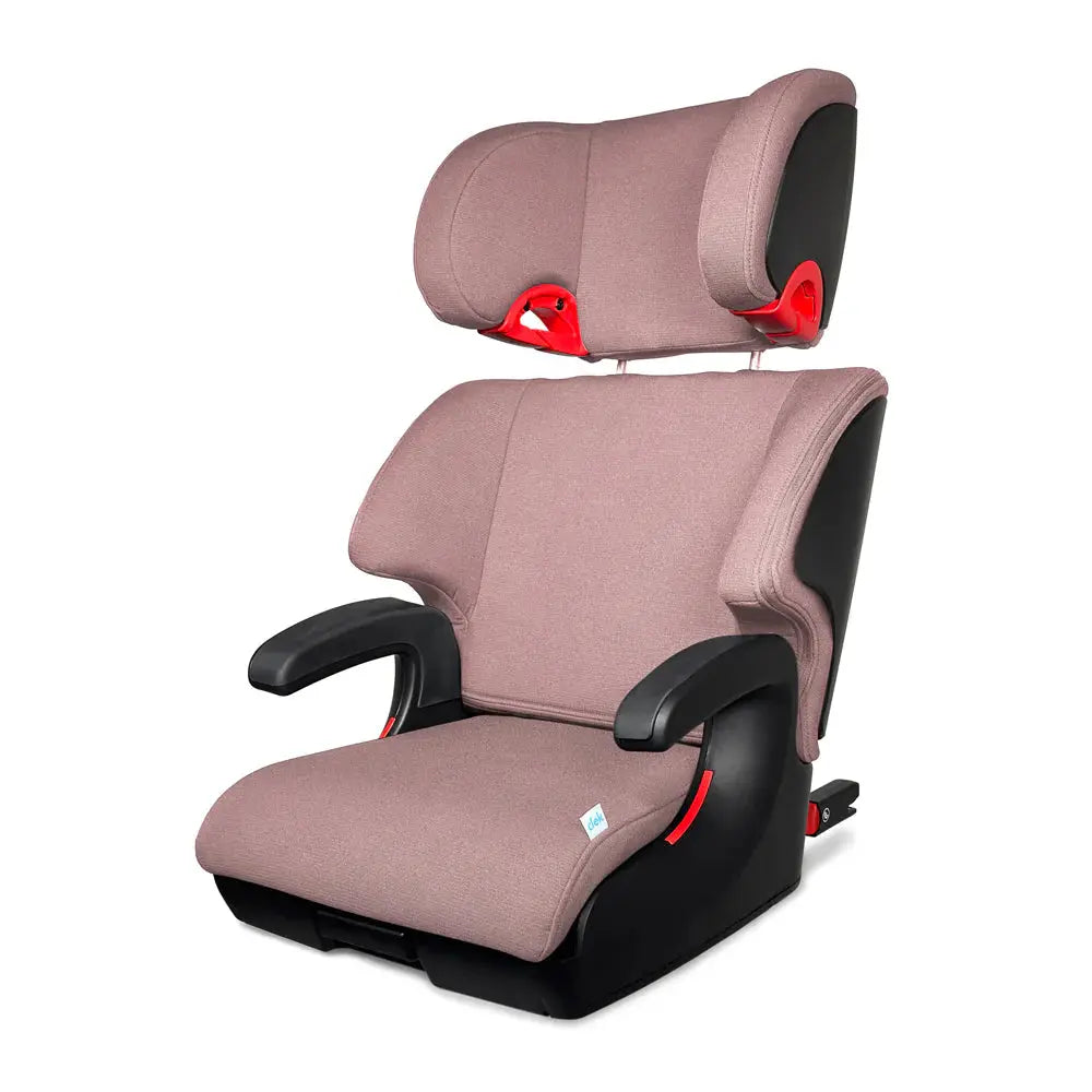 Clek Boost Seat Oobr booster car seat in pink fabric with black armrests and headrest, ready for use.
