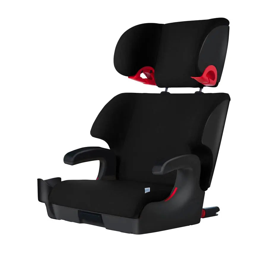 Clek Boost Seat Oobr booster in black fabric with red anchor points, showing curved armrests for comfort.