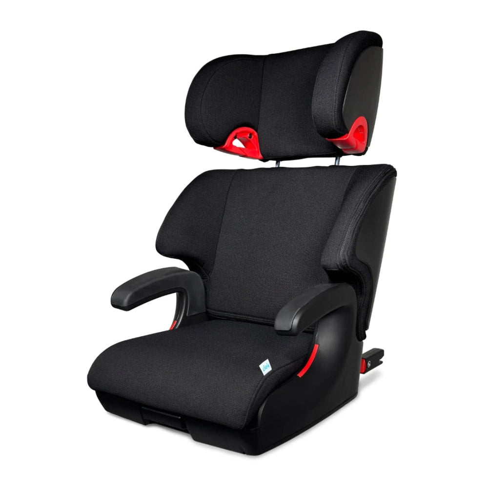 Clek Boost Seat Oobr booster car seat in black fabric with red accents, featuring tall back and padded armrests.