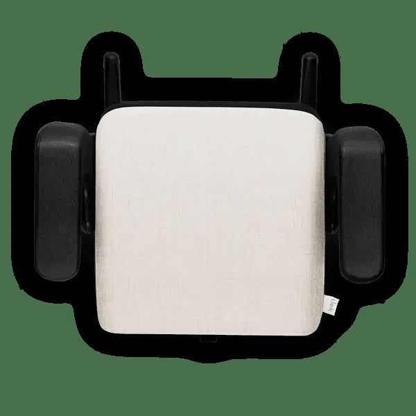 Clek Booster Seat Olli in beige fabric with black armrests, top-view shown for car travel readiness.