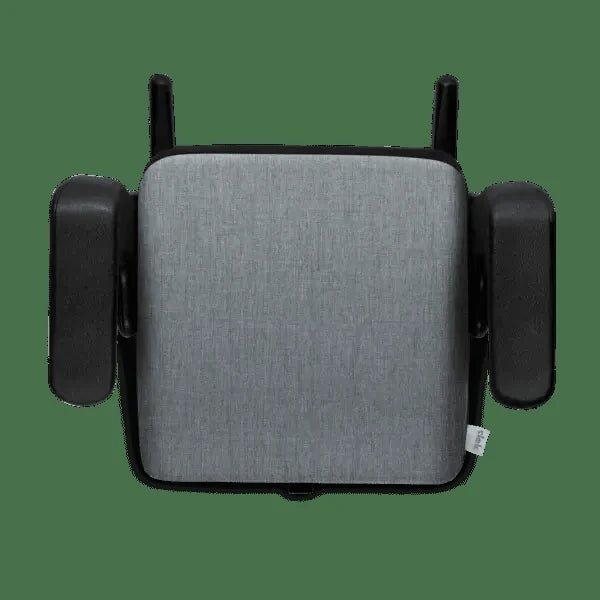 Clek Booster Seat Olli in grey fabric with black armrests, shown ready to secure a child.
