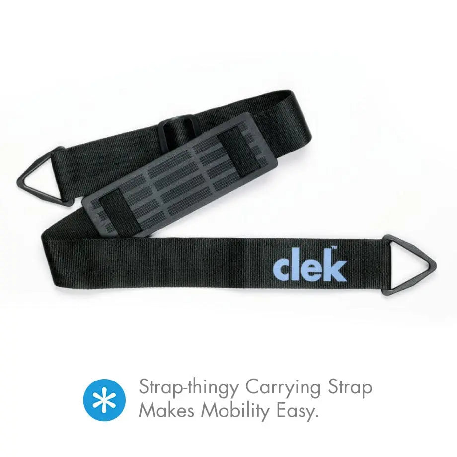 Clek Booster Seat Olli with black carrying strap, showing easy transport by looping the strap.