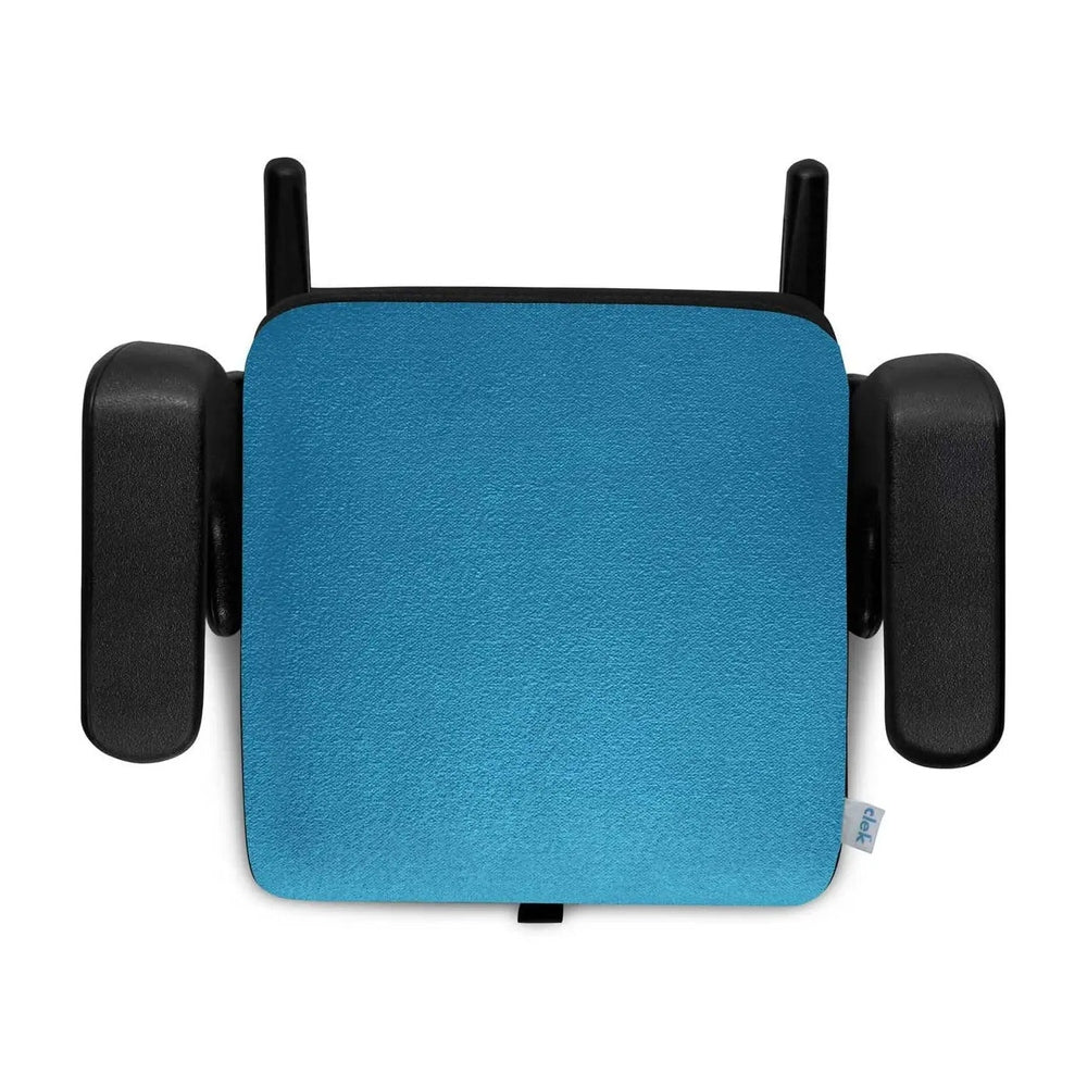 Clek Booster Seat Olli in blue fabric with black armrests, front view, compact toddler car seat.