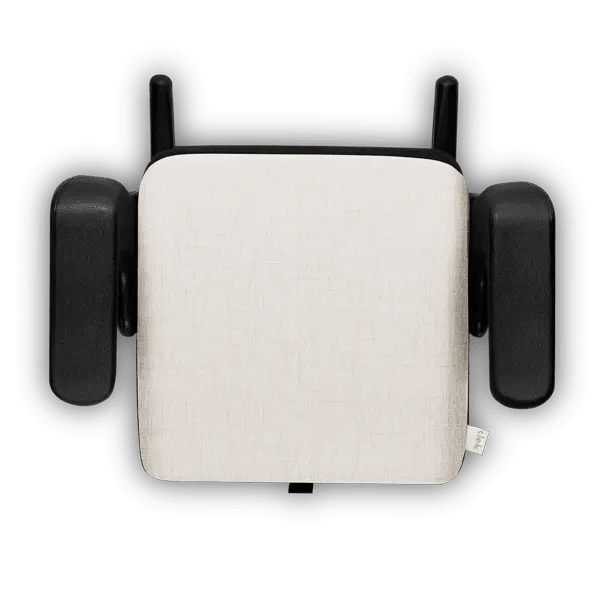 Clek Booster Seat Olli in beige fabric with black armrests, top-view shown for car travel readiness.