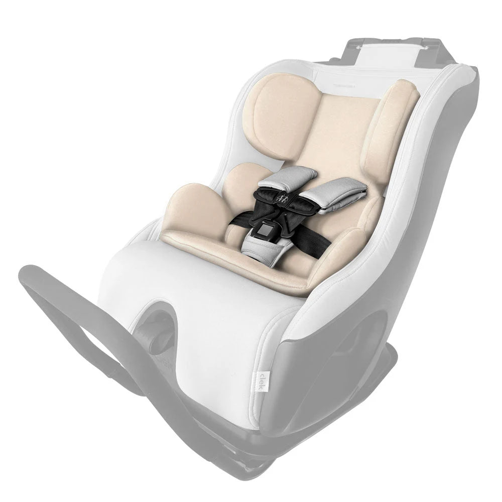 Clek Car Seat Infant-Thingy in white base with black padded insert; five-point harness fastened with red buckle.