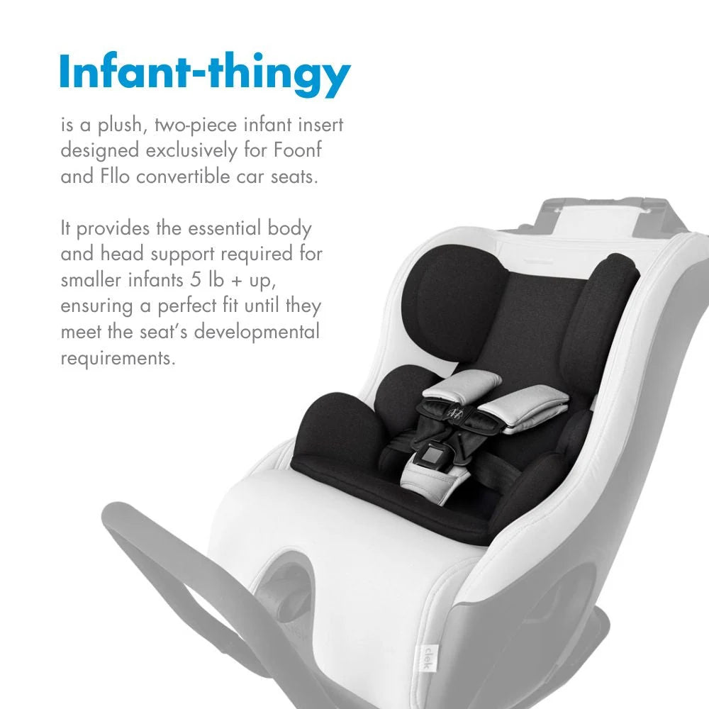 Clek Car Seat Infant-Thingy in white base with black padded insert; five-point harness fastened with red buckle.