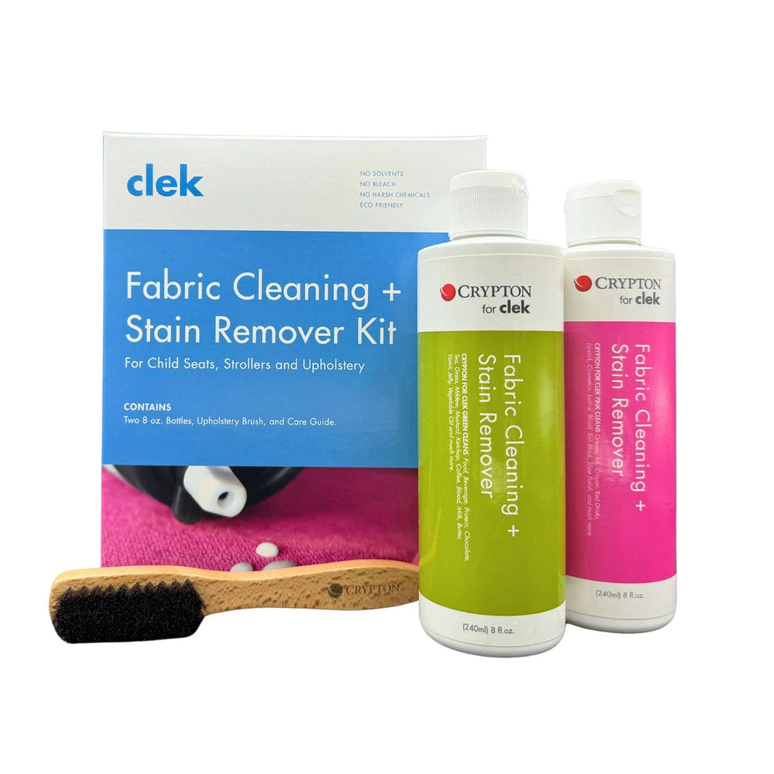CLEK Clek Cleaning Kit: pink and green fabric cleansing bottles beside a curved brush, ready for stain removal.
