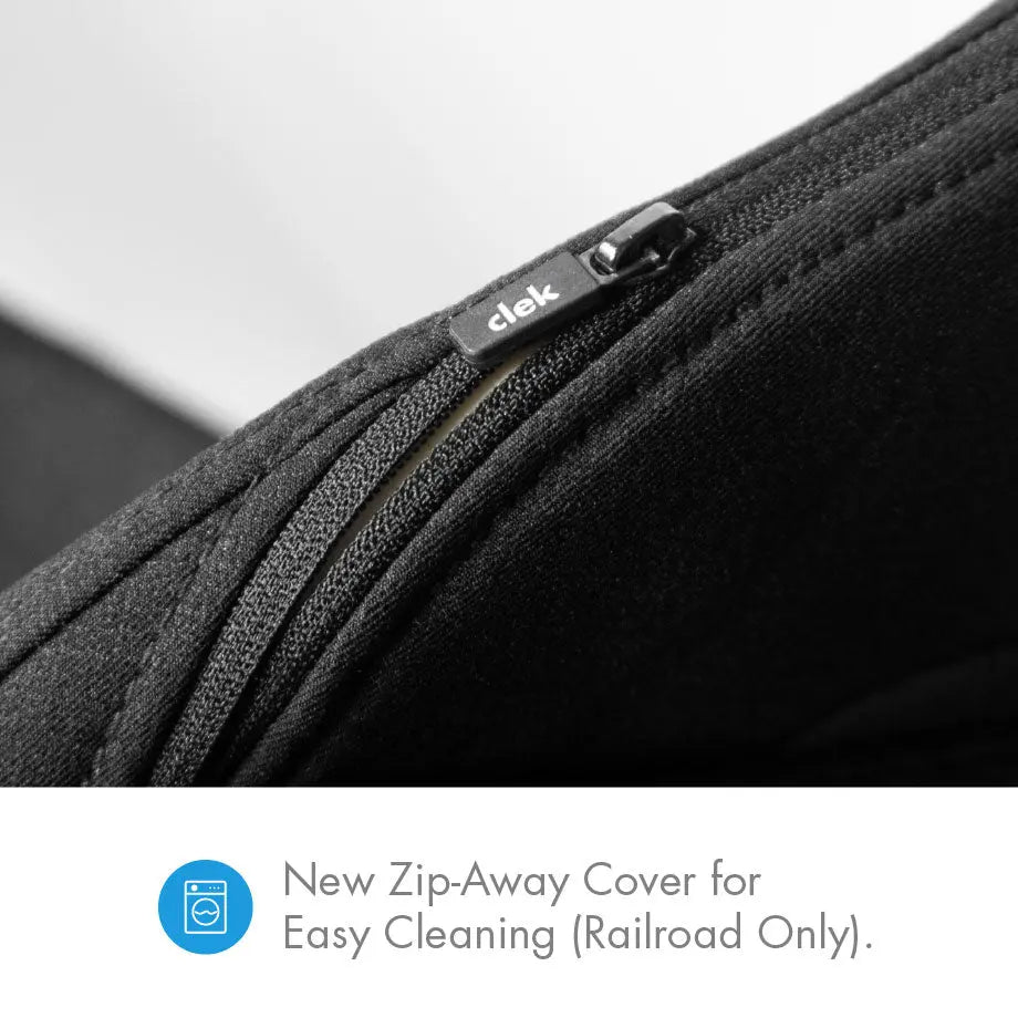 Clek Convertible Car Seat Fllo in black fabric, close-up of zip-away cover with logo, showing easy-clean zipper.