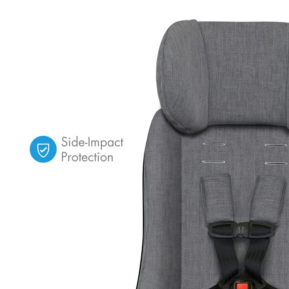 Clek Fllo convertible car seat in gray fabric shown with side-impact protection and a 5-point harness