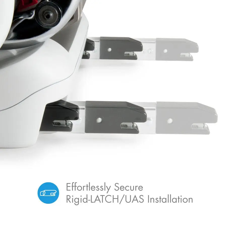 Clek Foonf convertible car seat with visible rigid-LATCH/UAS connectors ensuring secure installation.