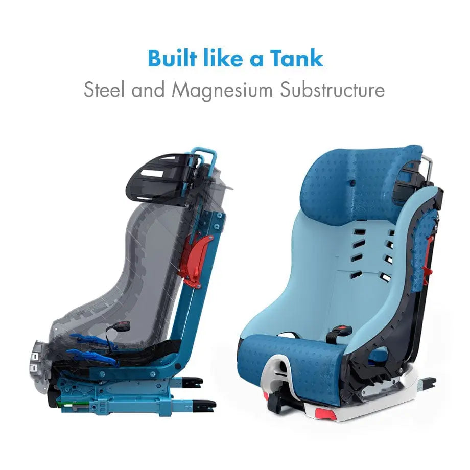 Clek Foonf convertible car seat in blue, shown in two cutaway views revealing steel and magnesium substructure.