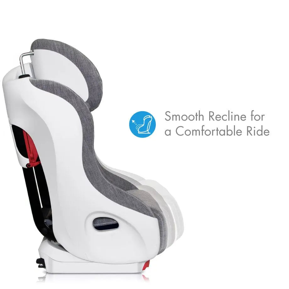Clek Convertible Car Seat Foonf in white with gray padding demonstrates smooth recline for a comfortable ride.