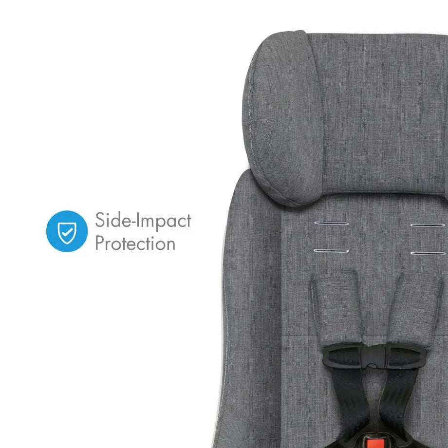 Clek Foonf convertible car seat in gray fabric, showing side-impact protection and a secured five-point harness.