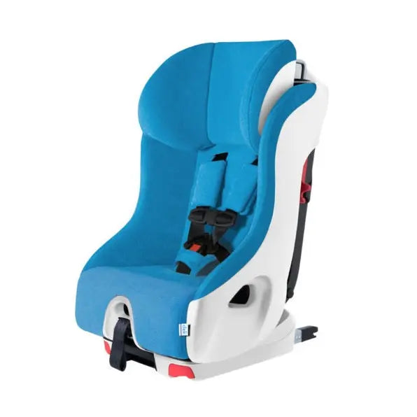 Clek Foonf Convertible Car Seat in blue with white shell and black 5-point harness.