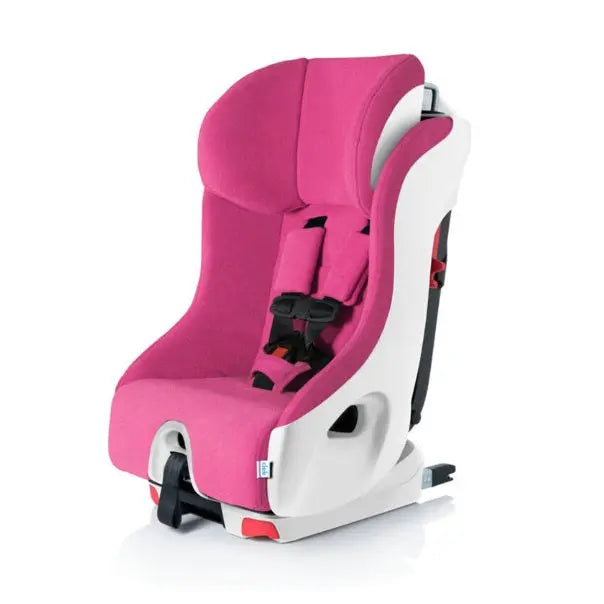 Clek Foonf convertible car seat in bright pink fabric with white shell and fastened five-point harness.