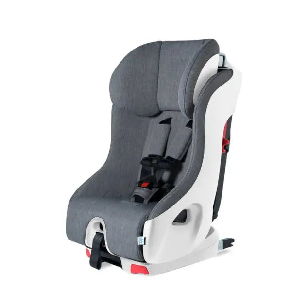 Clek Foonf convertible car seat in grey fabric with white shell, showing a fastened five-point harness.