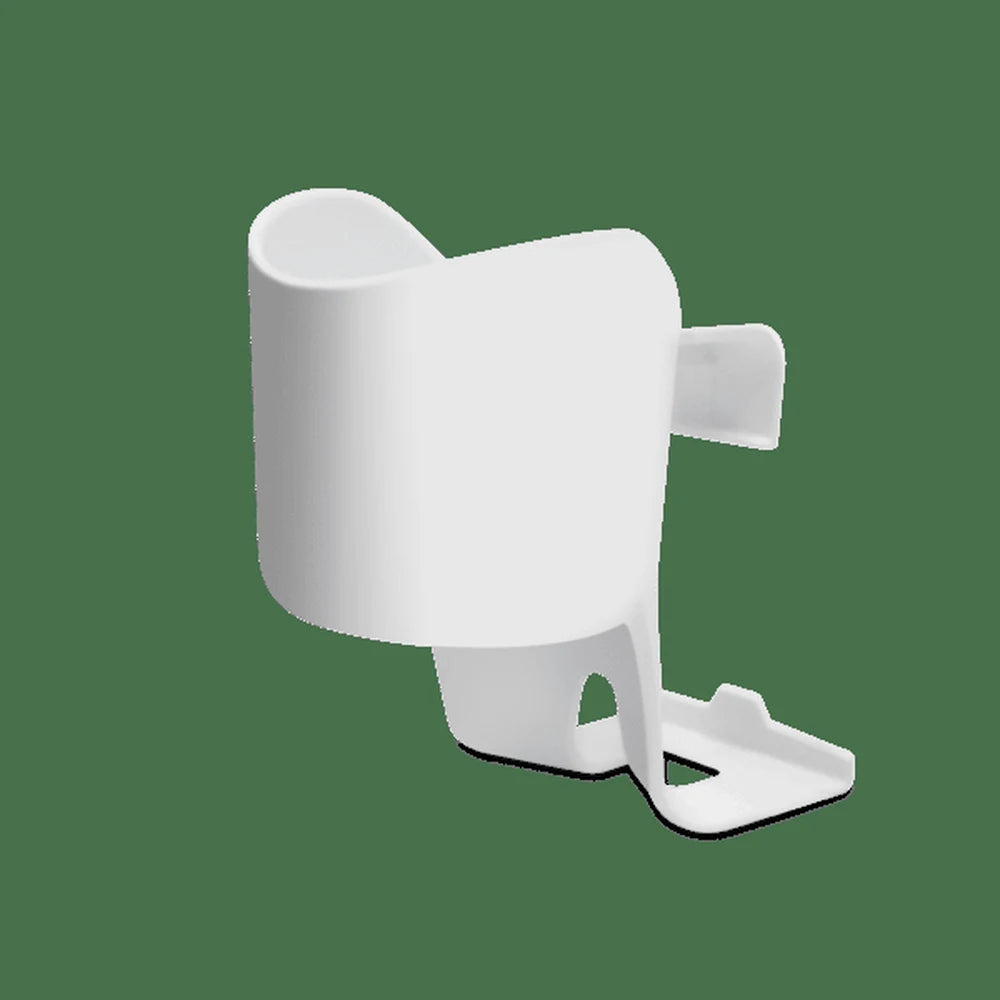 Clek Drink-Thingy compatible with Oobr car seat; white plastic cup holder attached to the base for toddler travel.