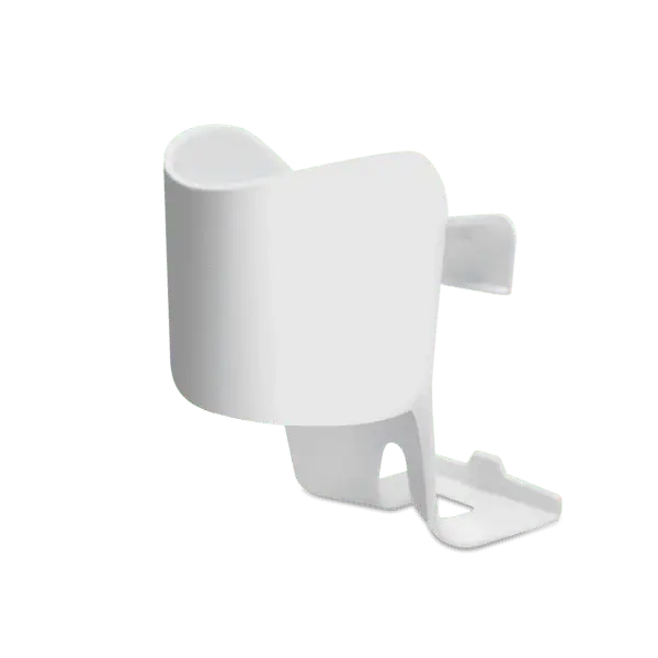 Clek Drink-Thingy compatible with Oobr car seat; white plastic cup holder attached to the base for toddler travel.
