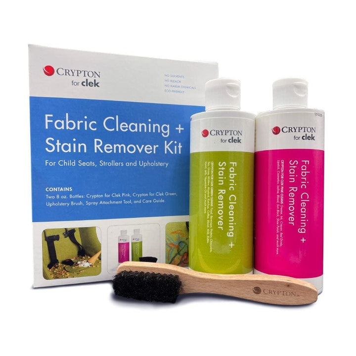 Clek Fabric Cleaning Kit by CLEK; includes two stain remover bottles (green and pink) and a wooden brush.