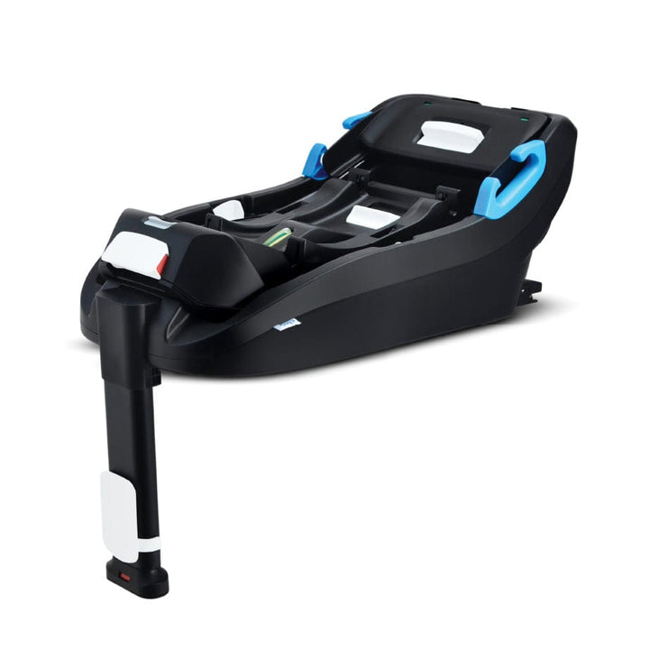 Clek Liing infant car seat base with adjustable support leg and blue handles.