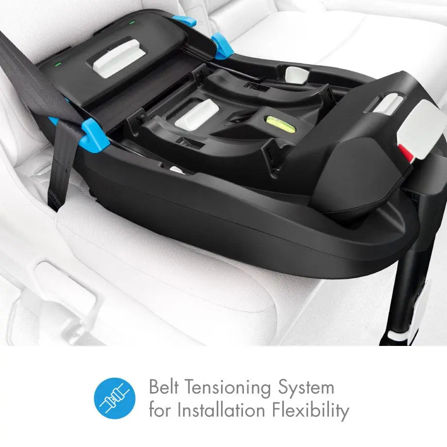 Clek Liing infant car seat base installed in car, blue belt tensioners demonstrate easy installation.