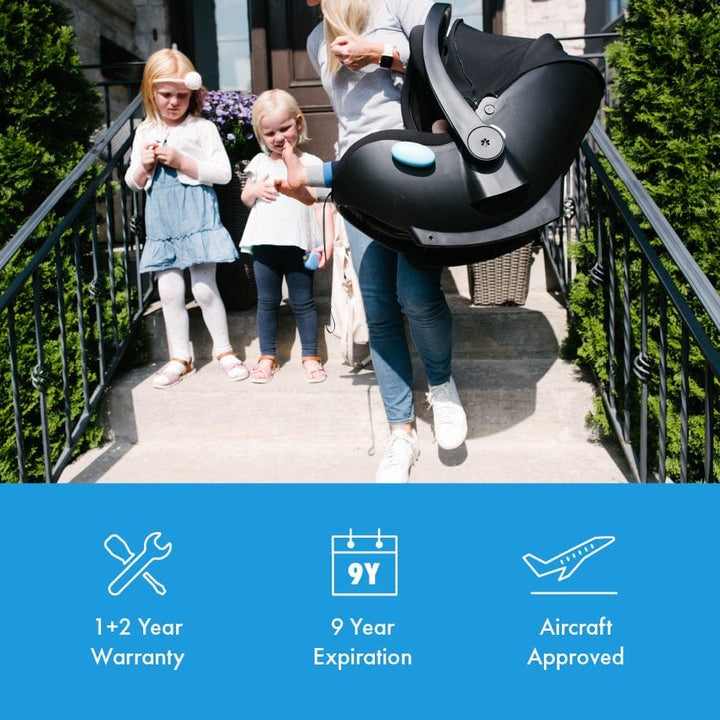 Clek Liingo Railroad infant car seat in black with carry handle and stroller base; 1 unit.