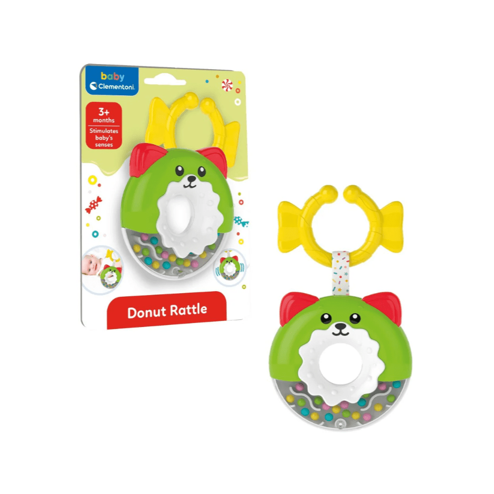 Clementoni Donut Rattle baby toy; green donut with white rattle center and yellow handle