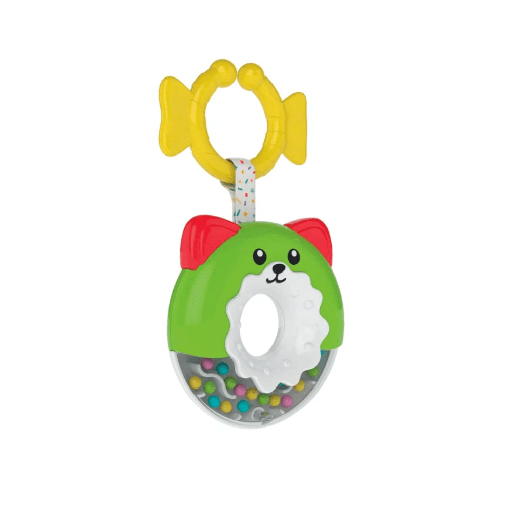 Clementoni rattle toy: green dinosaur body, yellow ring handle, colorful bead chamber