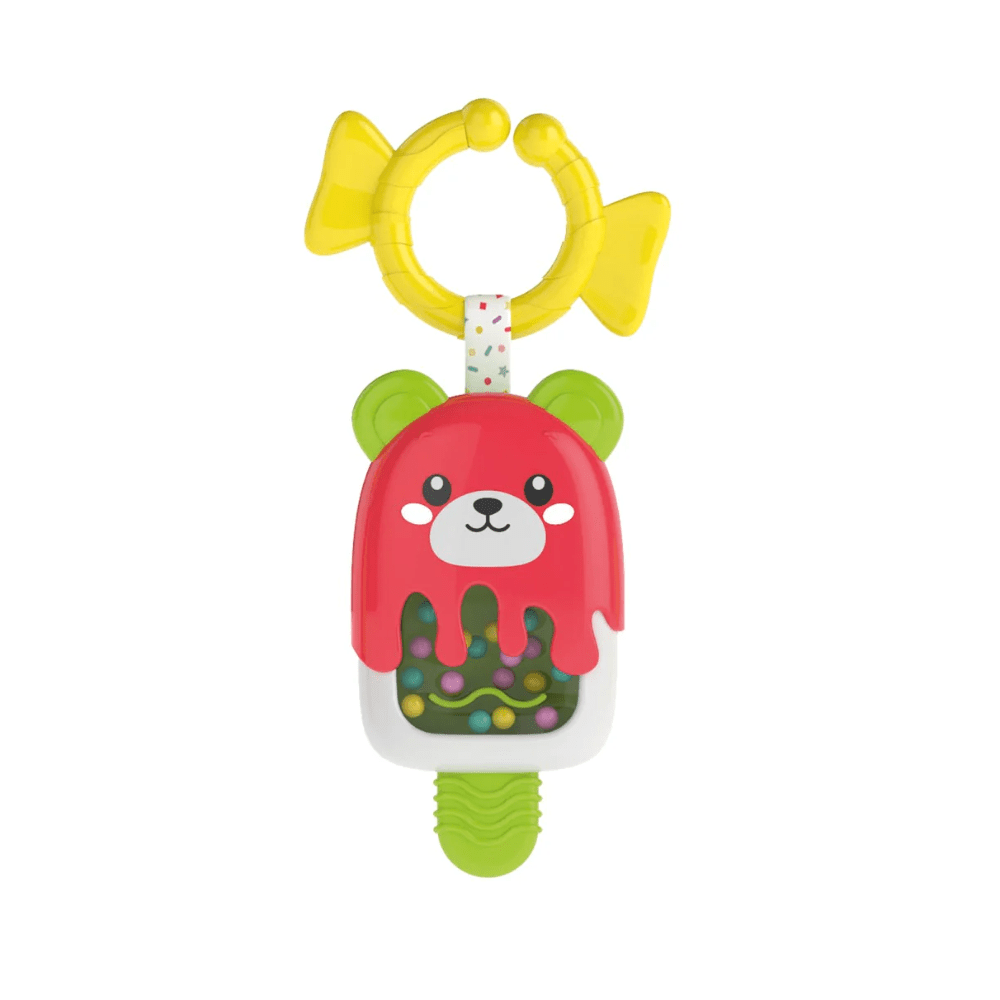 Clementoni rattle toy, red popsicle with green ears, transparent bead section, yellow ring handle